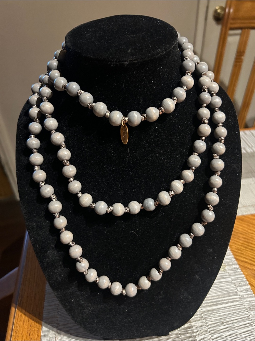 Plunder Silver-Gray-Strand Wood Beaded Necklace